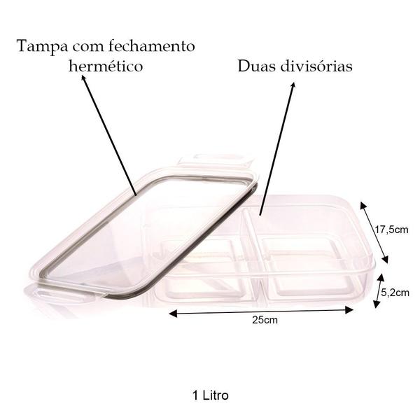 Imagem de Porta frios duplo presunto e queijo pote hermético 2 divisórias lanche marmita tapoer preto Plasútil