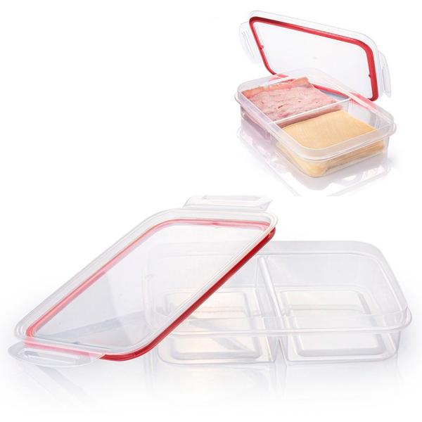 Porta frios hermético 2 divisórias e travas pote para lanche marmita presunto queijo tapoer Plasútil Imagem de Porta frios hermético 2 divisórias e travas pote para lanche marmita presunto queijo tapoer Plasútil