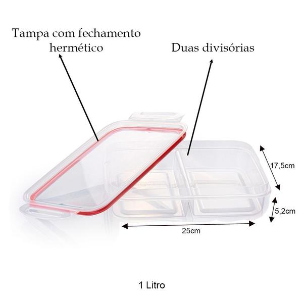 Imagem de Porta frios hermético 2 divisórias e travas pote para lanche marmita presunto queijo tapoer Plasútil