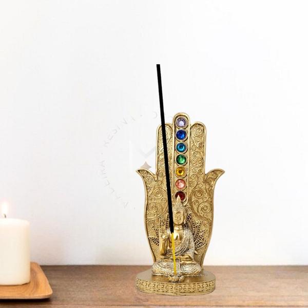 Imagem de Porta Incenso 15cm - 7 Chakras - Meditação Energia Buda Yoga Mão de Fátima