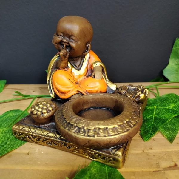 Imagem de Porta incenso e vela quadrado buda zen laranja 9cm