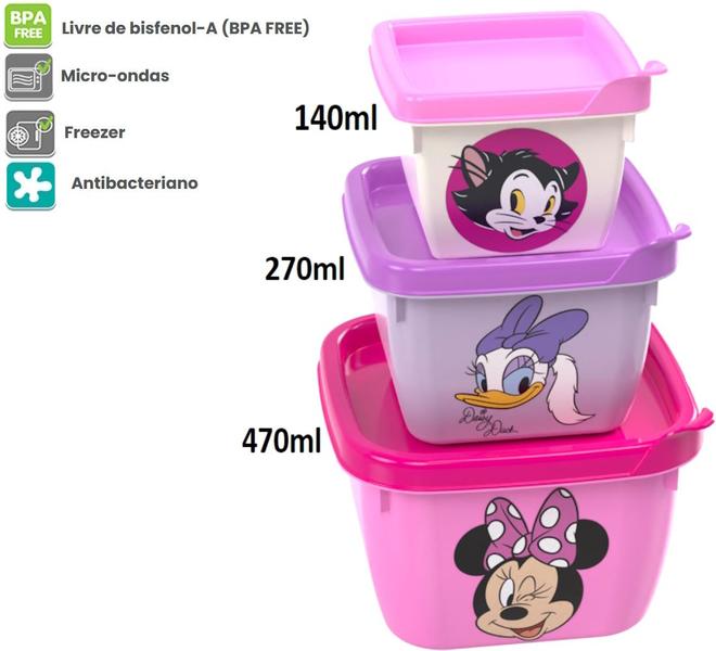 Imagem de Porta Lanche Conjunto Infantil Minnie Rosa 5 Itens Plasutil