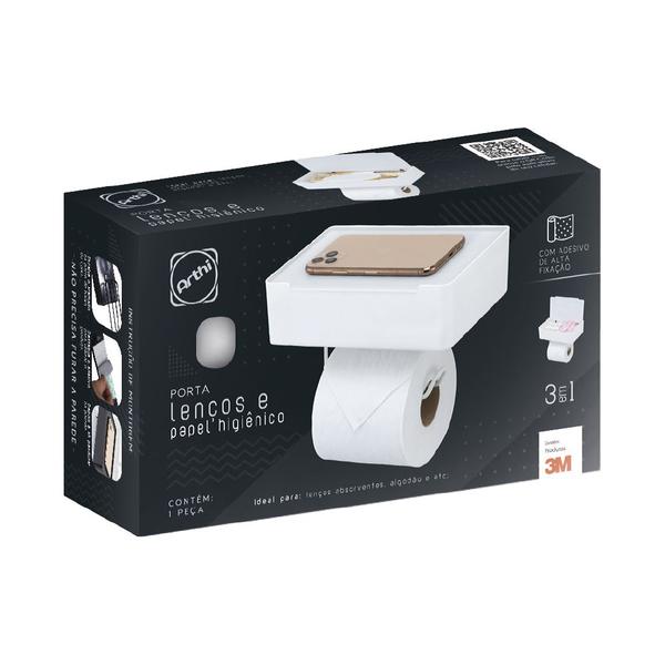 Imagem de Porta Lenços e Papel Higiênico 3x1 em Plástico Branco com Fita Colante 3M 21x12x13cm - Arthi