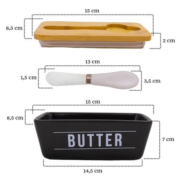 Imagem de Porta Manteiga De Porcelana Preta Butter Com Tampa Bambu E Espátula Inox