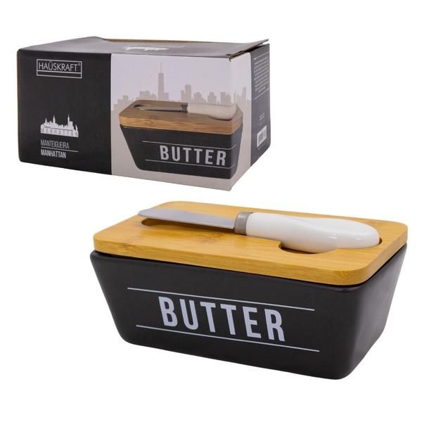 Imagem de Porta Manteiga De Porcelana Preta Butter Com Tampa Bambu E Espátula Inox