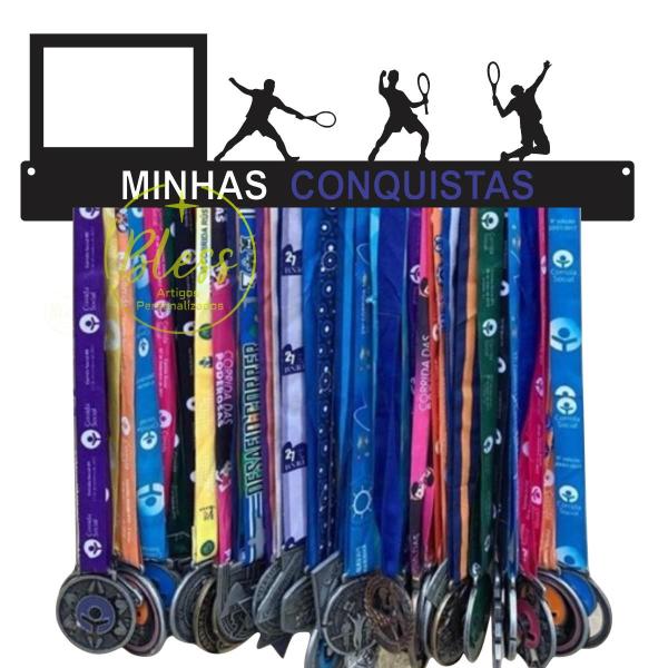 Imagem de Porta Medalhas Beach Tennis MDF Preto 20 Ganchos