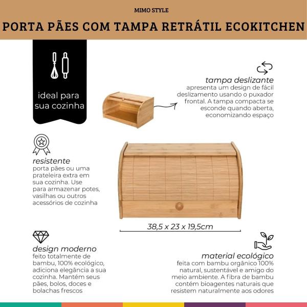 Imagem de Porta Pães Com Tampa Retrátil De Bambu Ecokitchen Mimo Style