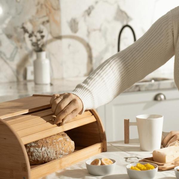 Imagem de Porta Pão De Bambu Grande Guarda Pao Frances Organizador De Pães Cesto De Paes Com Tampa Bolo