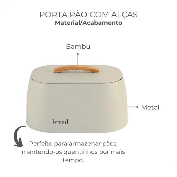 Imagem de Porta Pão de Metal com Alça de Bambu Bege 23,5x33,5x18,5cm