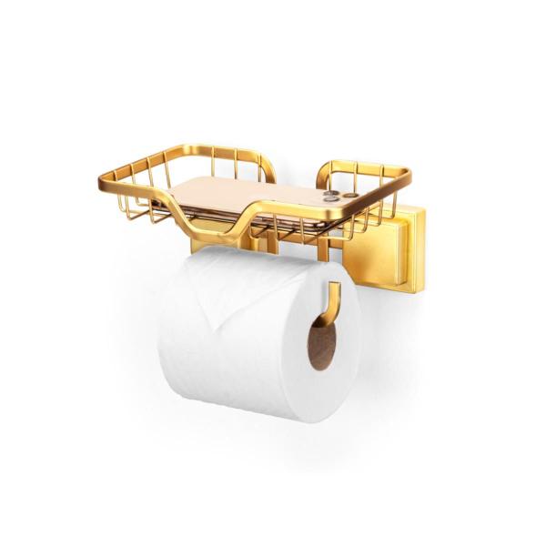 Imagem de Porta Papel Higiênico Com Suporte de Celular Para Banheiro Lavabo Cor Dourado Arthi