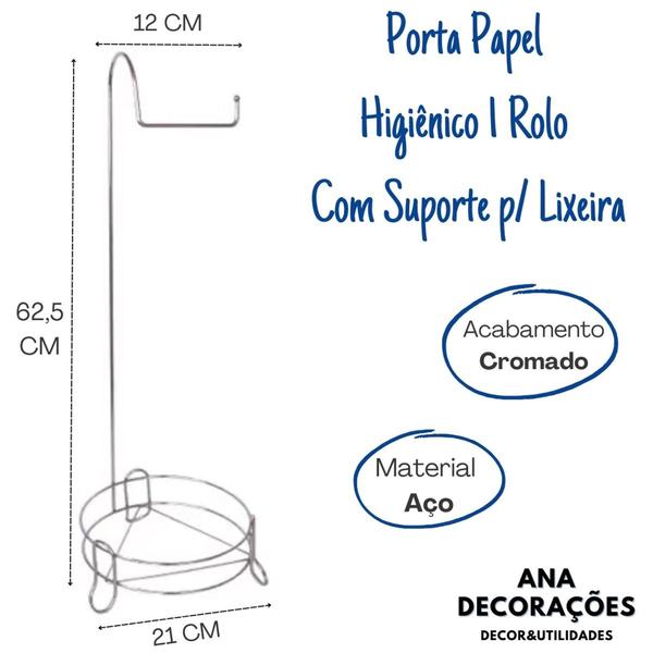 Imagem de Porta Papel Higiênico Cromado De Chão Suporte 1 Rolo + Lixeira