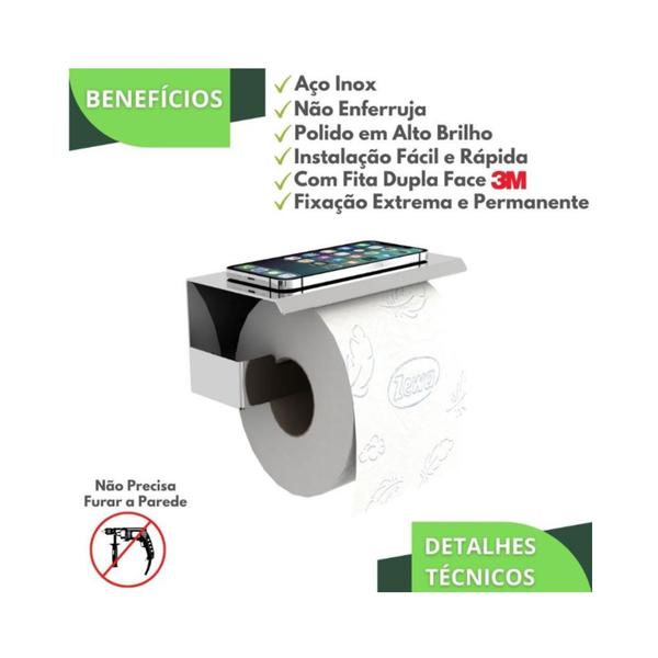 Imagem de Porta Papel Higienico e Celular Papeleira Adesivo Inox ELG