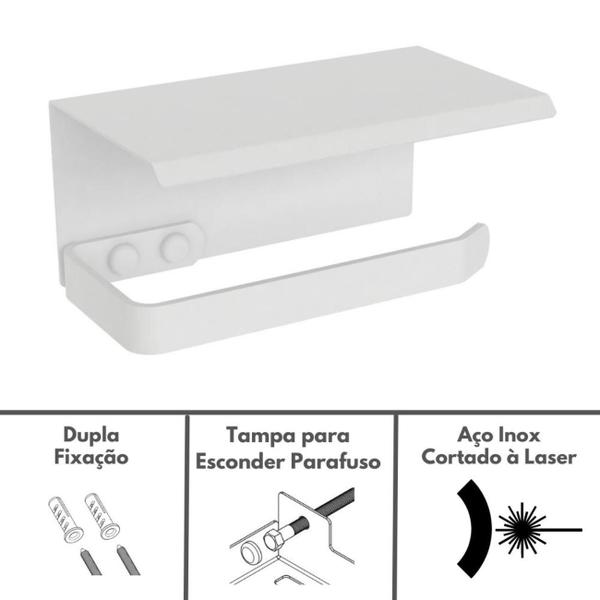 Imagem de Porta Papel Higiênico Inox De Parede Banheiro Branco MAX