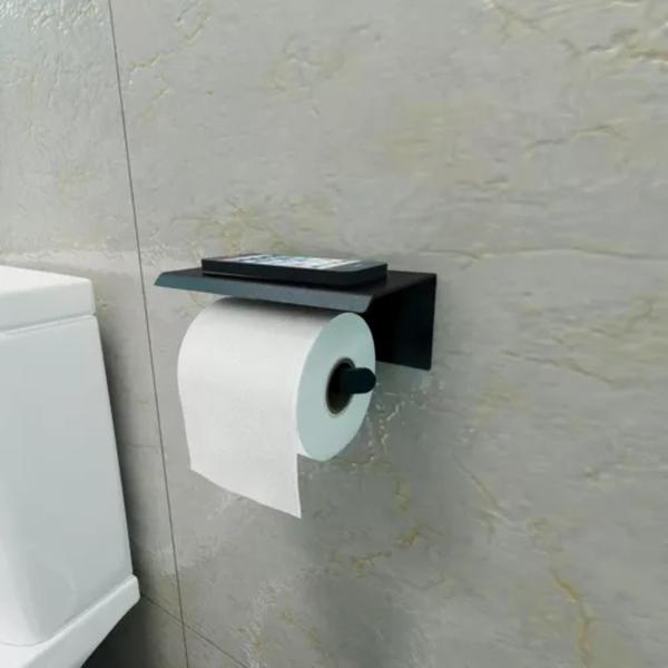 Imagem de Porta Papel Higiênico Parede Preto Com Suporte Para Celular Acabamento Premium Material Aço Resistente Utilika