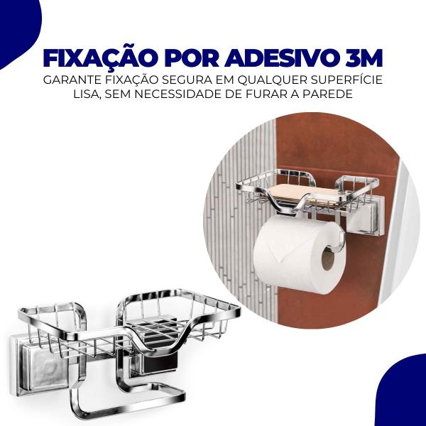 Imagem de Porta Papel Higiênico Suporte Celular Parede Platina Banheiro LavaboSem Furo Fita 3m Cromado Arthi