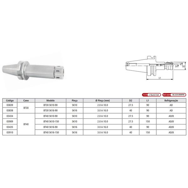 Imagem de Porta Pinça SK Modelo BT40 SK10-90 - MAS 403 BT