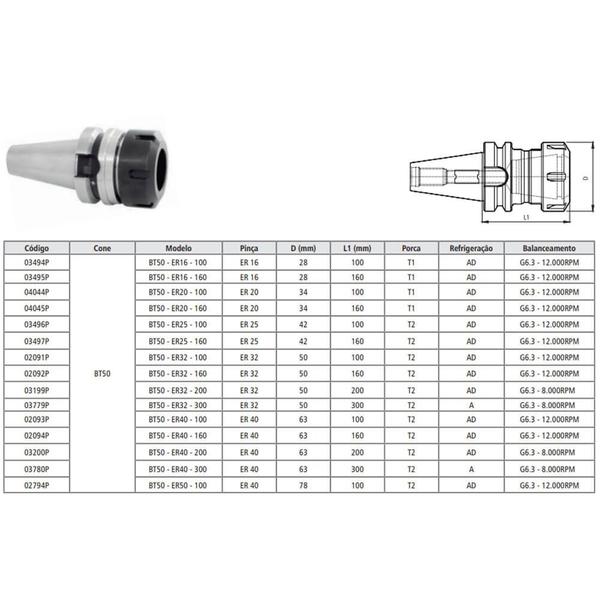 Imagem de Porta Pinças ER Modelo BT40 - ER11 - 100 - MAS 403 BT - 50 Peças