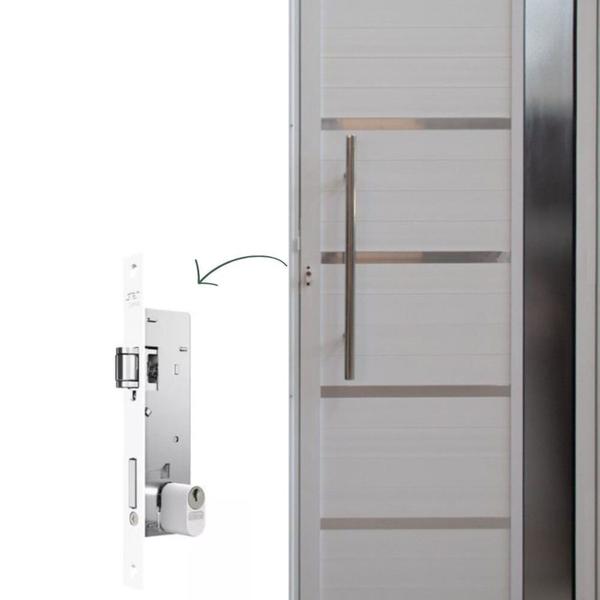 Imagem de Porta Pivotante Solara Alumínio com Visor Puxador Tubolar 210 X 100 Lado Esquerdo Branco