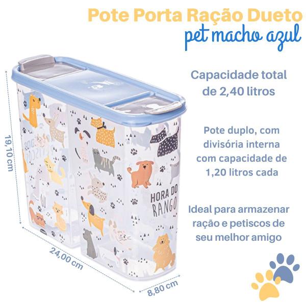 Imagem de Porta Ração Pote Guarda Tudo Dueto Pet Capacidade de 2,4 kg Container de Ração Estampado Gatos e Cachorros Com Divisória Azul Plasútil