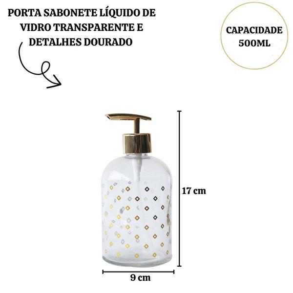 Imagem de Porta sabonete líquido de vidro transparente e detalhes dourado 500 ml