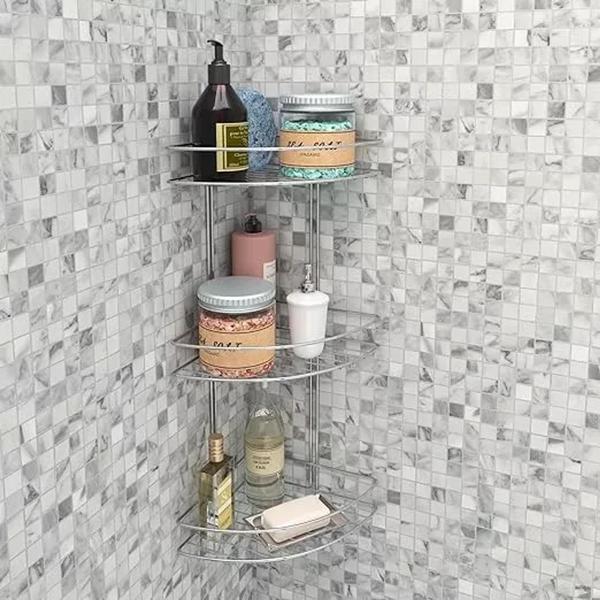 Imagem de Porta Shampoo Canto Triplo Stolf Aramado Aço Cromado Prata Banheiro