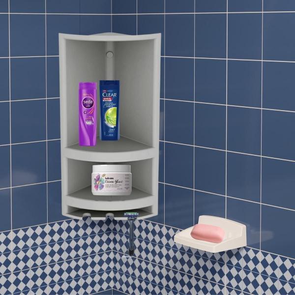 Imagem de Porta Shampoo Cinza + Kit Para Banheiro 5 Pçs Branco