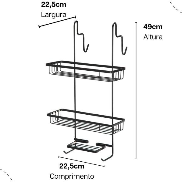 Imagem de Porta shampoo E sabonete para box com ganchos pendurar toalhas prateleira dupla metal reforçado fixação sem furos