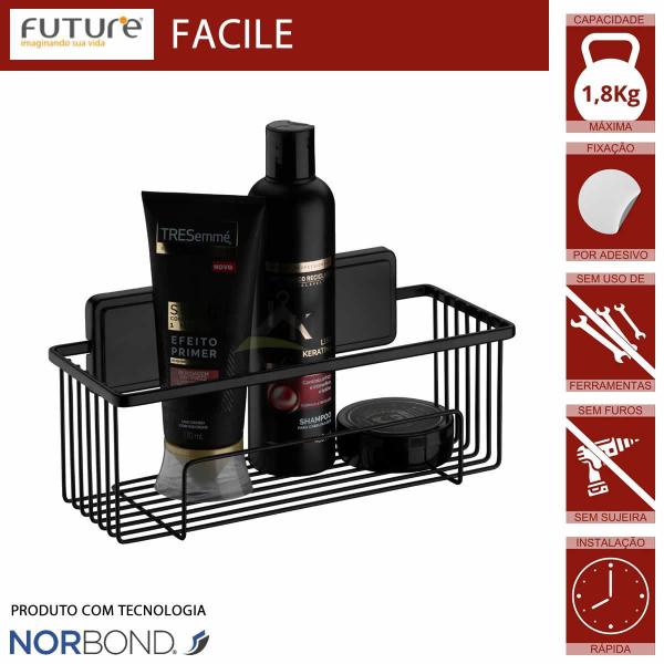 Imagem de Porta Shampoo Preto Fosco Fixação Adesivo Prateleira Future