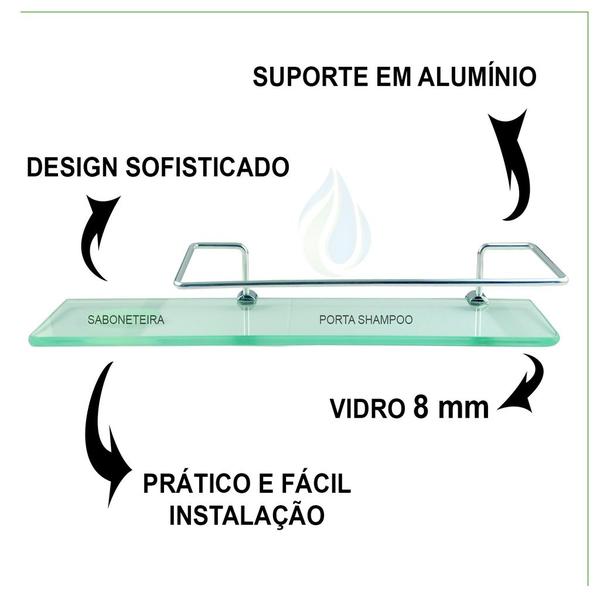 Imagem de Porta Shampoo Reto Com Saboneteira Para Banheiro Em Vidro Verde 8mm 40x10 cm Cód. 0638