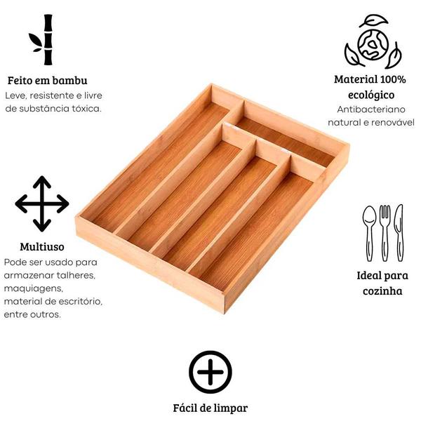 Imagem de Porta talher bambu 5 compartimentos organizador facas utensílio cozinha multiuso cosméticos banheiro