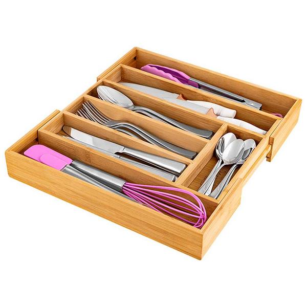 Imagem de Porta talheres extensível organizador bambu 7 divisórias gaveta utensílios suporte cozinha multiuso