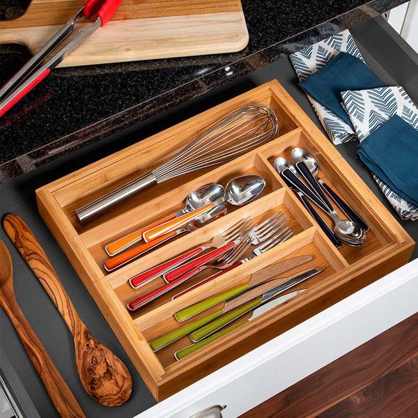 Imagem de Porta talheres extensível organizador bambu 7 divisórias gaveta utensílios suporte cozinha multiuso