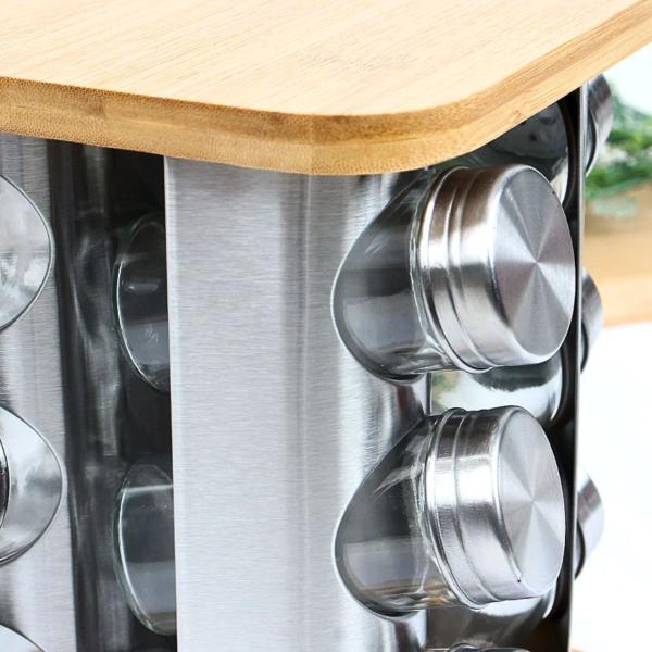 Imagem de Porta Tempero Bambu Inox 12 Potes Vidro 90ml Giratório Quadrado Moderno Cozinha Decoração Condimentos Espaço Gourmet Especiarias