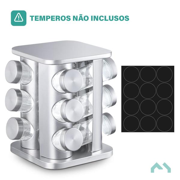 Imagem de Porta Tempero Condimento Gira 12 Pote Vidro Cor Inox Quadra