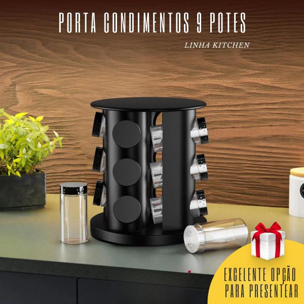 Imagem de Porta Tempero Condimentos Giratório Redondo Preto com 9 Potes De Vidro