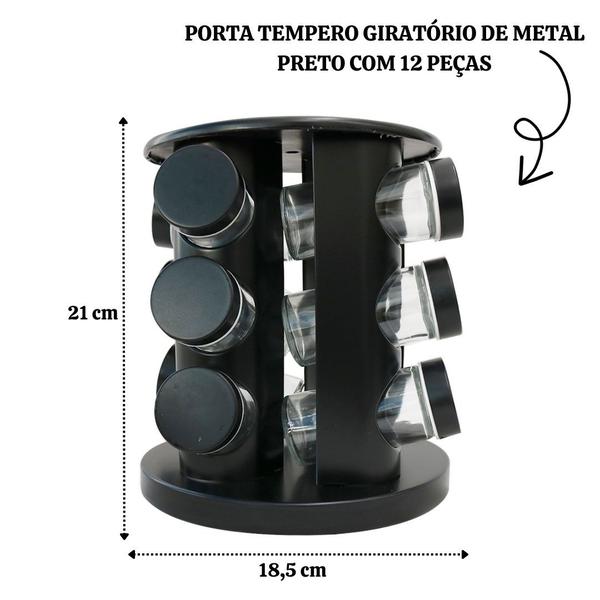 Imagem de Porta tempero giratório de metal redondo preto 12 peças