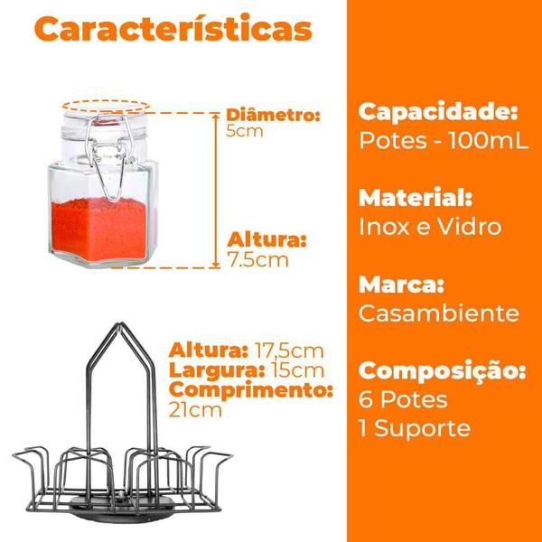 Imagem de Porta Tempero Giratório em Inox com Potes Herméticos 7 peças - Casambiente