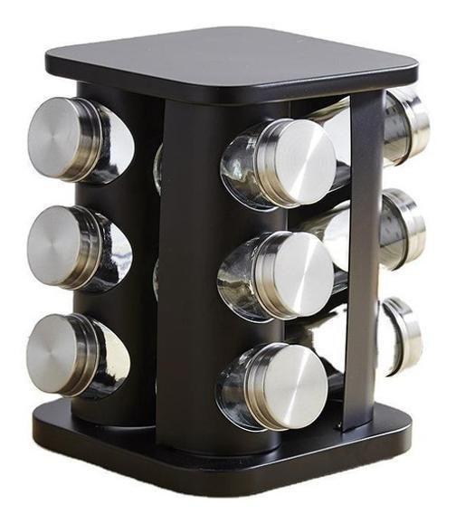 Porta Tempero Inox Preto 12 Potes Em Vidro Giratório - Futuro Brasil Imagem de Porta Tempero Inox Preto 12 Potes Em Vidro Giratório