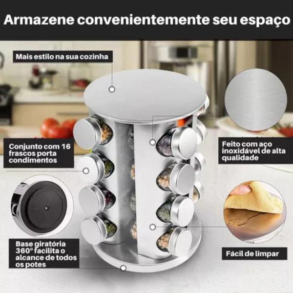 Imagem de Porta Tempero Inox Vidro 16 Peças Organização à Mão