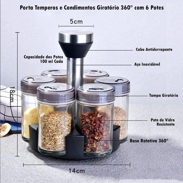 Porta Temperos Condimento Giratório Com 6 Potes De Vidro - PORTA TEMPERO 7 PCS Imagem de Porta Temperos Condimento Giratório Com 6 Potes De Vidro