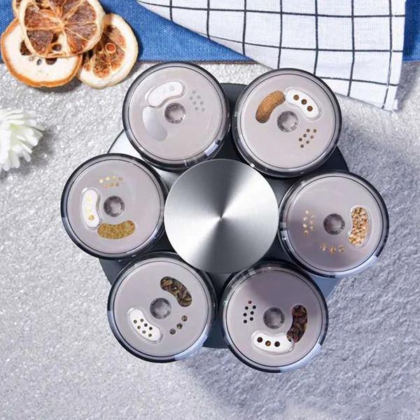 Porta Temperos Condimento Giratório Com 6 Potes De Vidro - PORTA TEMPERO 7 PCS Imagem de Porta Temperos Condimento Giratório Com 6 Potes De Vidro