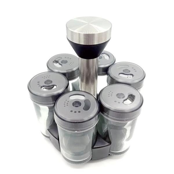 Porta Temperos Condimento Giratório Com 6 Potes De Vidro - PORTA TEMPERO 7 PCS Imagem de Porta Temperos Condimento Giratório Com 6 Potes De Vidro