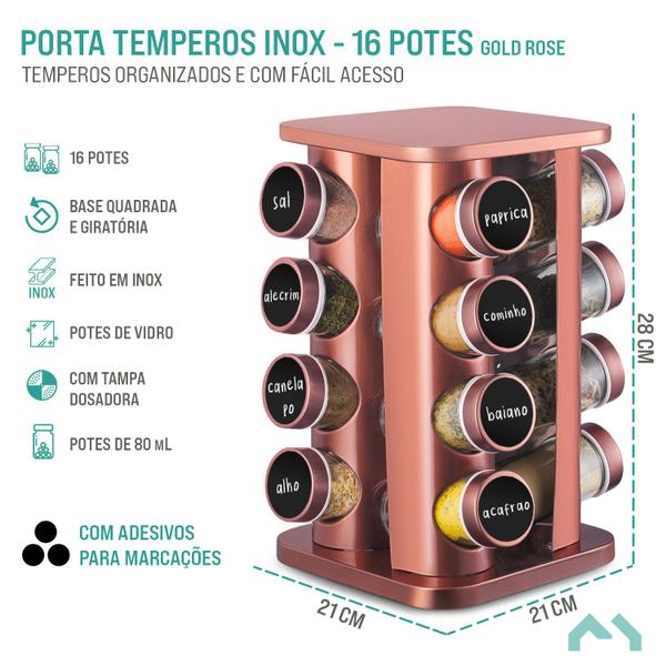 Imagem de Porta Temperos Condimento Quadrado Giratório 16 Potes Inox Gold Rose