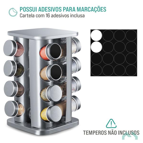 Imagem de Porta Temperos Condimento Quadrado Giratório 16 Potes Inox