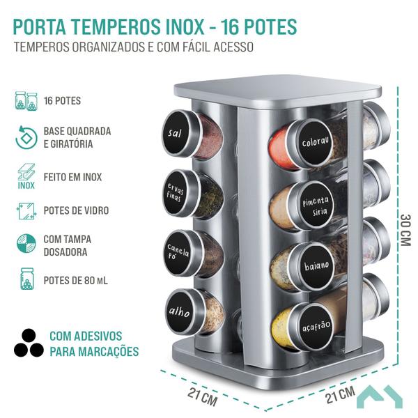 Imagem de Porta Temperos Condimentos 16 Potes Giratorio Quadrado Inox