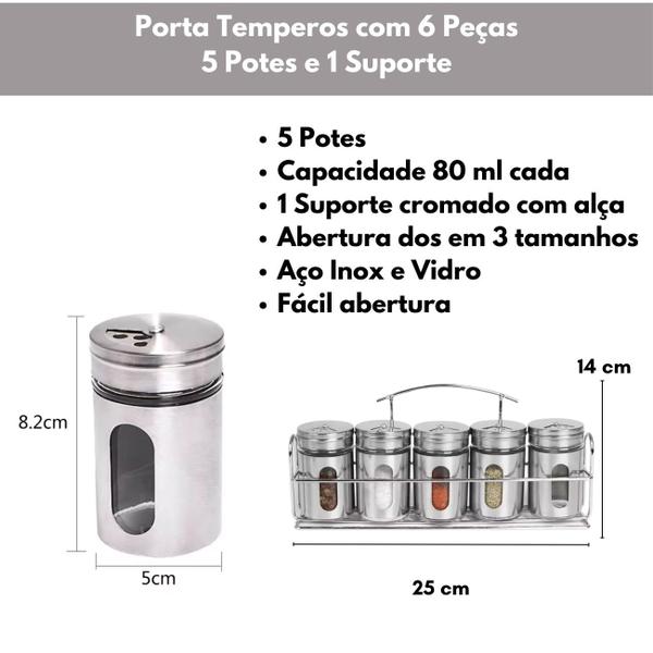 Imagem de Porta Temperos Condimentos Cozinha Inox Visor Suporte 6 Peças