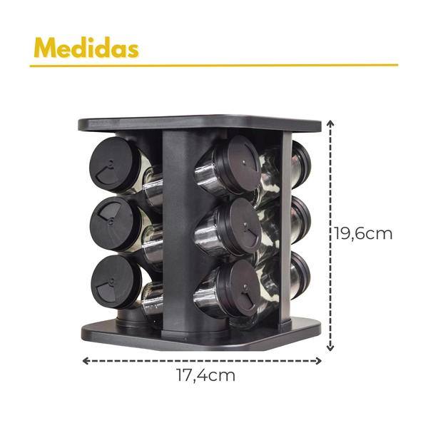 Imagem de Porta Temperos Condimentos Giratório Preto 12 Potes Vidro Quadrado com Tampa Dosadora