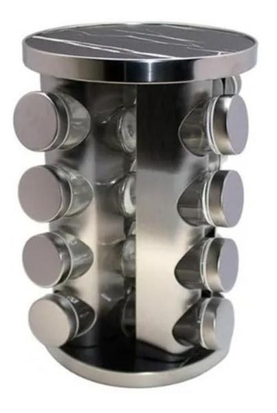 Porta Temperos Giratório Inox 16 Potes Design Mármore Preto - Futuro Brasil Imagem de Porta Temperos Giratório Inox 16 Potes Design Mármore Preto
