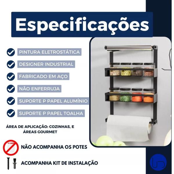 Imagem de Porta Temperos Prateleira De Utensílios Preto Fosco Com Suporte Para Papel Toalha E Alumínio