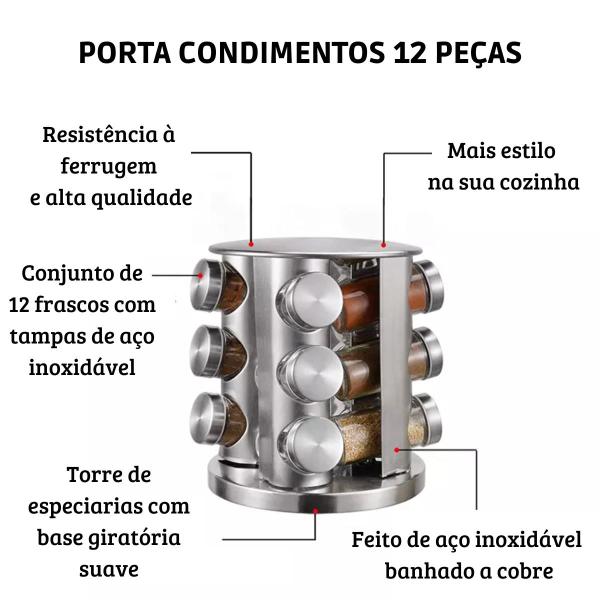 Imagem de Porta Temperos Redondo Giratório 12 Peças Vidro Suporte Inox